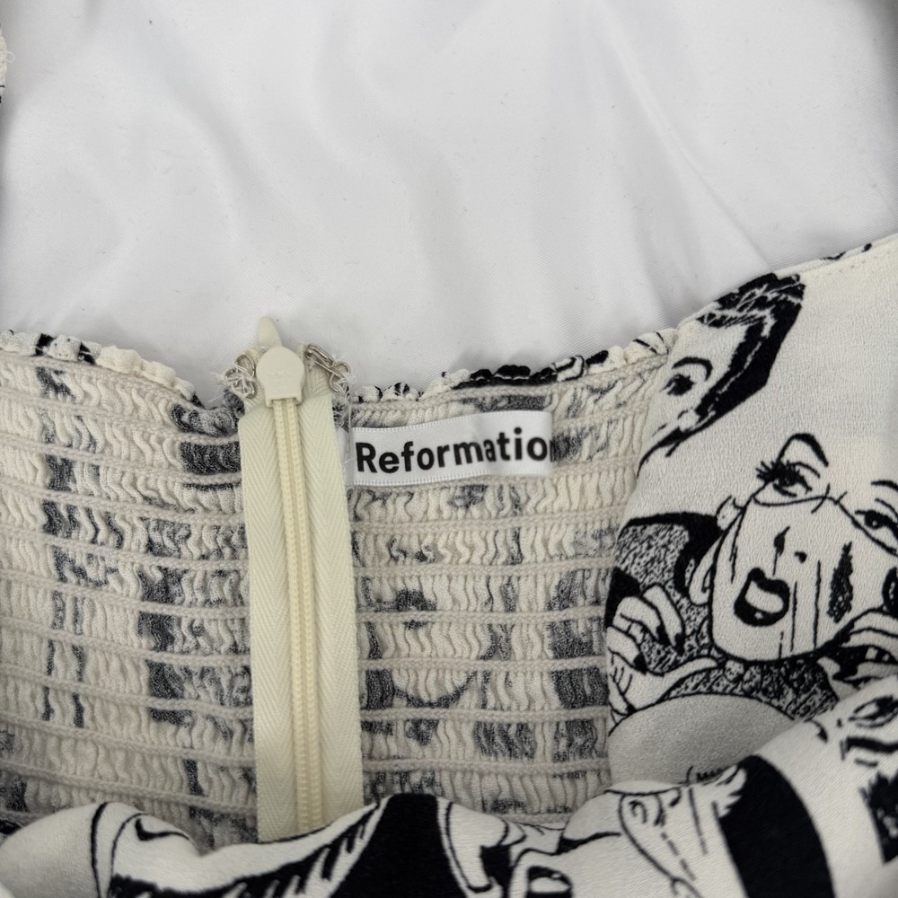Reformation Sz 12 Lianne Newspaper Print‎ Mini Dress Black & White Puff Sleeve - Picture 7 of 8
